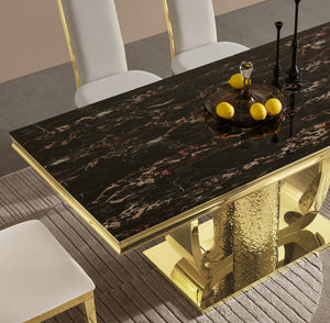 English Elm Gold Stainless Steel Dining Table With Sleek Black Tempered Glass Top - Modern Elegance & Durability W2723S00046