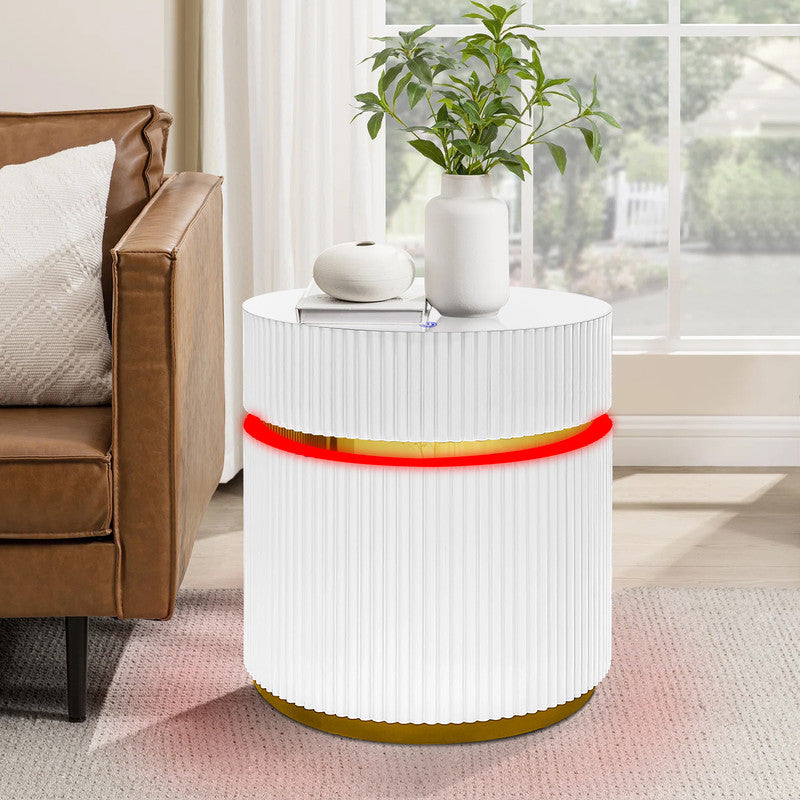 English Elm Tivoli Round Glass Top Side Table with Led Reeded Base and Gold Trim Accent B2749P413290