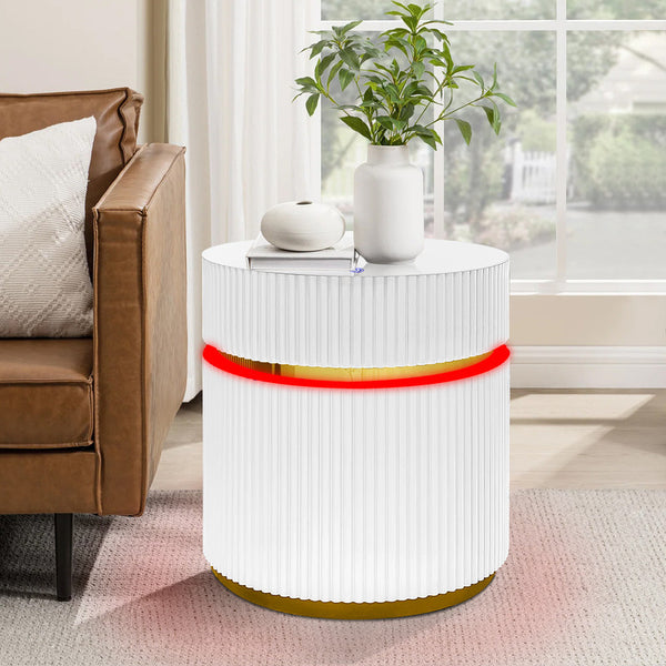 English Elm Tivoli Round Glass Top Side Table with Led Reeded Base and Gold Trim Accent B2749P413290