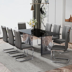 English Elm Table With Glass Top & 8 Dark Gray Pu Chairs - Modern Marble Pattern Design & Stainless Steel Legs W1151S02604-GIGA