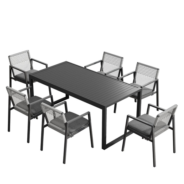 English Elm Christopher Knight Home® - Outdoor Dining Set - Modern Aluminum Table & 6 Comfortable Rope-Woven Chairs For Patio Elegance N768P196697G_66959.00BLK