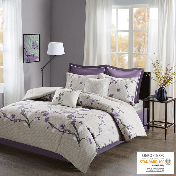 JLA Home Madison Park - 8 Madison Park Holly Cotton Sateen Comforter Set with Embroidered Pillows, Taupe-Purple Floral Elegance 92 L x 104 W x 1.5H MP10-4167