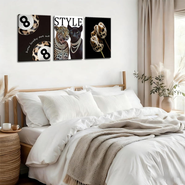 English Elm Fashion Cheetah Black White Canvas 3 Piece Wall Art Set for Bedroom or Dorm W2181P483638