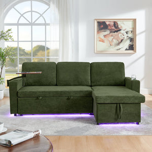 English Elm Modern Chenille Sofa Bed With Retractable Table, Led Lights, Usb Ports & Cup Holders – Green Comfort W1413S00097