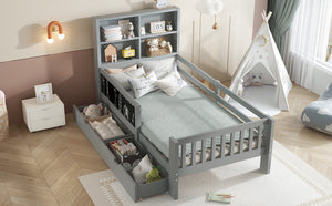 English Elm Twin Chalkboard Platform Bed with Drawers & Shelves, Solid Wood Kids Bed with Storage and Creative Headboard Grey W1580P362706