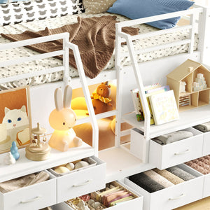 English Elm Twin Low Loft Bed with Shelves Fabric Drawers and Under Bed Study Nook Metal Frame Light White W5305S00042