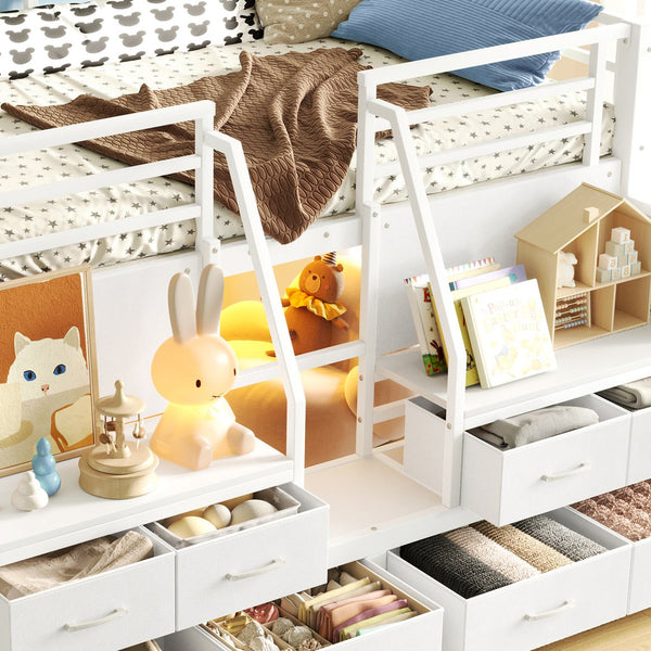 English Elm Twin Low Loft Bed with Shelves Fabric Drawers and Under Bed Study Nook Metal Frame Light White W5305S00042