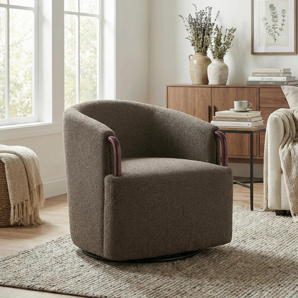 English Elm 30" Boucle Swivel Barrel Chair Wood Accents Sculptural Accent Seating for Any Room N767P422966W