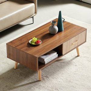 English Elm Rectangle Coffee Table With Solid Wood Legs, Modern Design, Storage Drawer, Walnut Finish Elegance W1265P236869-GIGA
