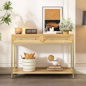 English Elm Trexm Retro Modern Console Table Two Drawers Geometric Matte Black Gold Entryway N715P227910N