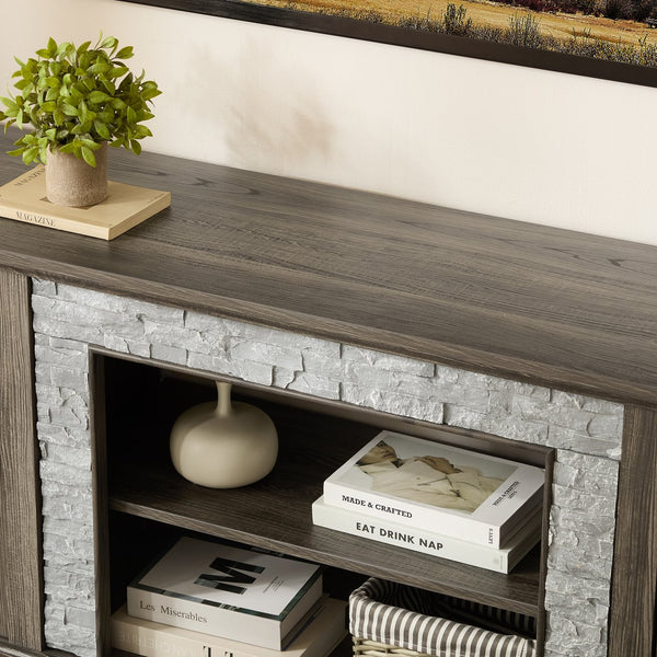 English Elm 70" Modern TV Stand with Faux Stone Top, Spacious 2-Door Media Console with Cable Management and Adjustable Shelves, Vintage Metal Handles, Durable MDF Construction for Living Room Entertainment (Fits up to 75") Grey W2275P342688