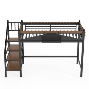 English Elm Twin Xl Metal Loft Bed with Stair Storage Shelves Sturdy Steel Frame for Dorms W1580S00377