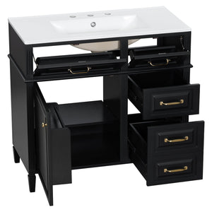 English Elm 36-Inch Bathroom Vanity With Ceramic Sink Top, Adjustable Shelf, And Modern Flip Drawer Design For Storage N725P350849B