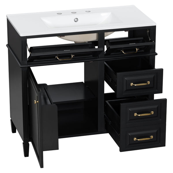 English Elm 36-Inch Bathroom Vanity With Ceramic Sink Top, Adjustable Shelf, And Modern Flip Drawer Design For Storage N725P350849B