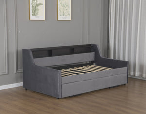 English Elm Twin Size Daybed With Trundle, Plush Velvet Upholstery, Led Lights & Charging Station For Modern Spaces W1670S00026-GIGA