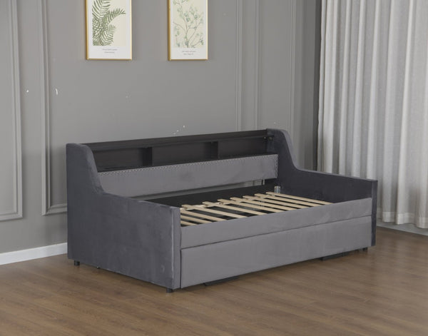 English Elm Twin Size Daybed With Trundle, Plush Velvet Upholstery, Led Lights & Charging Station For Modern Spaces W1670S00026-GIGA