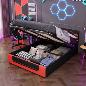 English Elm Modern Cyberpunk Queen Platform Bed Hydraulic Storage Pu Upholstered Gaming Frame Black+Red SF000205AAJ