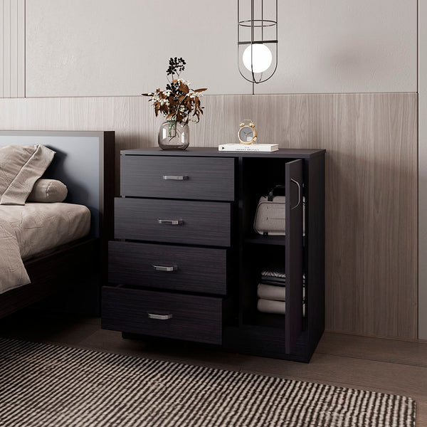 English Elm Wilmore 4-Drawer Living Room Storage Cabinet in Black with Side Shelves, Sleek Silver Handles Durable Finish B092P315571