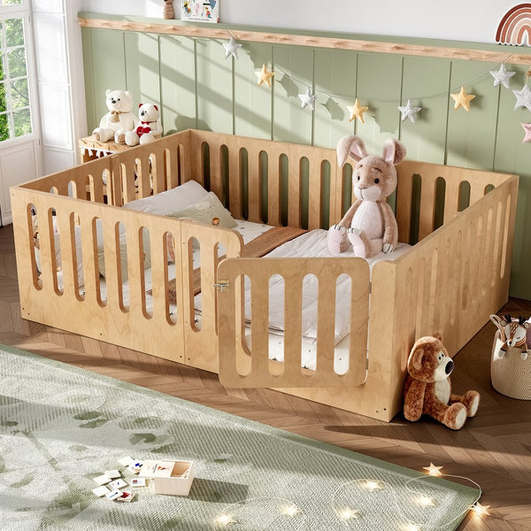 English Elm Queen Solid Pine Montessori Floor Bed for Kids with House Frame and Built-in Door Natural W5305P420640