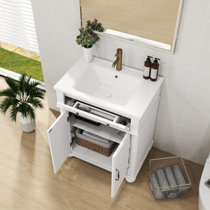 English Elm 27.8" Mid-century Freestanding Bathroom Vanity with Ceramic Sink Drawer and Wood Base White W1801S00006