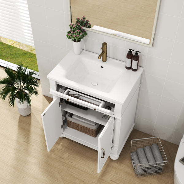 English Elm 27.8" Mid-century Freestanding Bathroom Vanity with Ceramic Sink Drawer and Wood Base White W1801S00006