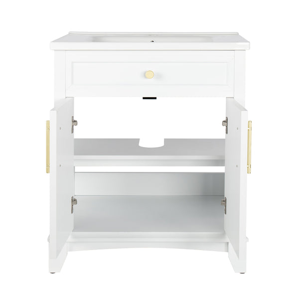 English Elm 27.8" Mid-century Freestanding Bathroom Vanity with Ceramic Sink Drawer and Wood Base White W1801S00004