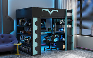 English Elm Full Size Gaming Loft Bed with Desk Rgb Lighting Power Outlet and Storage Drawer Blue LT000285AAC
