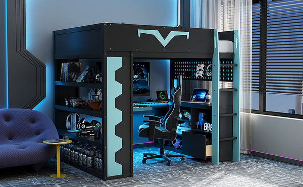English Elm Full Size Gaming Loft Bed with Desk Rgb Lighting Power Outlet and Storage Drawer Blue LT000285AAC