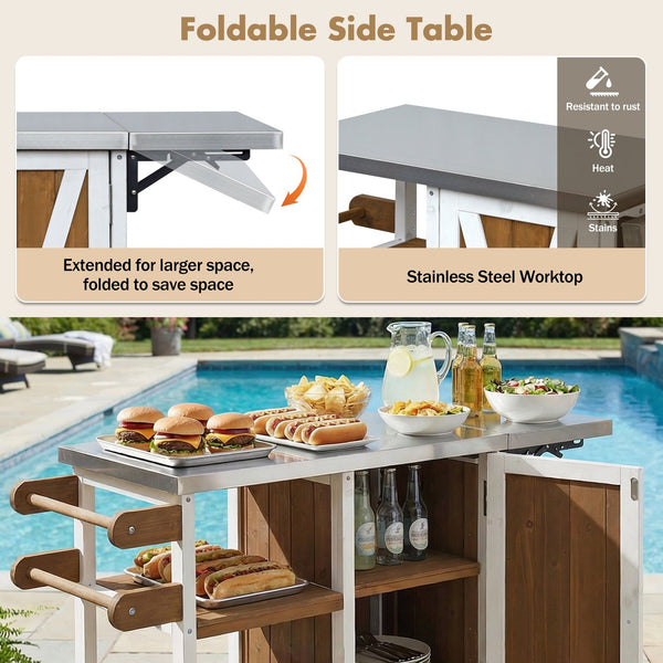 English Elm Foldable Outdoor Kitchen Cart with Stainless Worktop Fir Wood Frame and Lockable Wheels Brown+White N719P380281Z