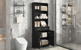 English Elm Bathroom Storage Cabinet, Cabinet With Two Doors and Drawers, Adjustable Shelf, Three-Layer Open Shelf, Mdf Board, Black