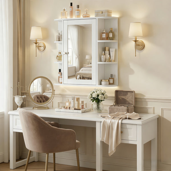 English Elm Bathroom Wall Cabinet with Mirror Door Open Shelving and Adjustable Interior Storage White N817P375228W
