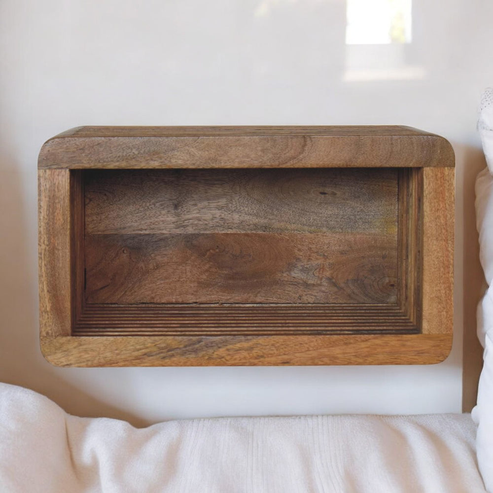 English Elm Soba Solid Mango Wood Wall-Mounted Bedside Shelf with Hand-Carved Lines, Open Storage, Brown B182P294976