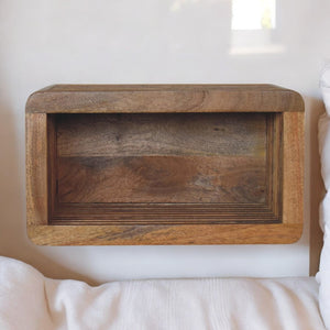 English Elm Soba Solid Mango Wood Wall-Mounted Bedside Shelf with Hand-Carved Lines, Open Storage, Brown B182P294976