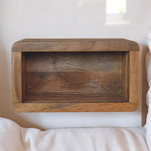 English Elm Soba Solid Mango Wood Wall-Mounted Bedside Shelf with Hand-Carved Lines, Open Storage, Brown B182P294976