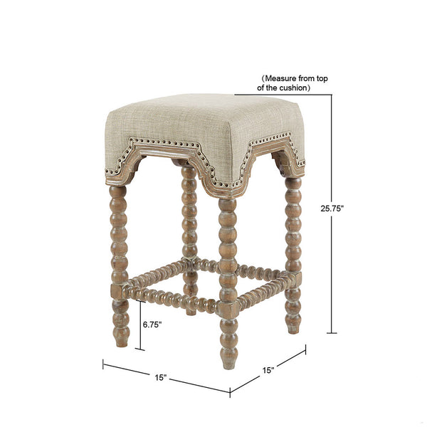 JLA Home Madison Park - Counterstool Christine Upholstered Light Grey with Bronze Nailhead Trim, Reclaimed Grey Wood Turned Legs MP104-0762