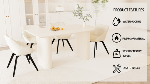 English Elm 63" Cream Mdf Dining Table Set with Carved Wave Legs and Beige Pu Upholstered Chairs Beige+Cream W2189S00849