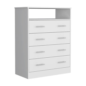 English Elm Four Drawer Dresser with Superior Top and Open Shelf, Engineered Wood, Metal Hardware, Modern Storage White 47 L x 21 W x 4 H B097S00114