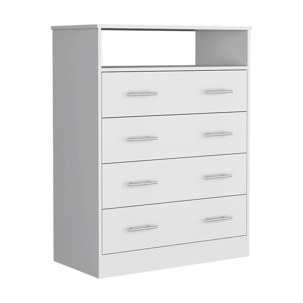 English Elm Four Drawer Dresser with Superior Top and Open Shelf, Engineered Wood, Metal Hardware, Modern Storage White 47 L x 21 W x 4 H B097S00114