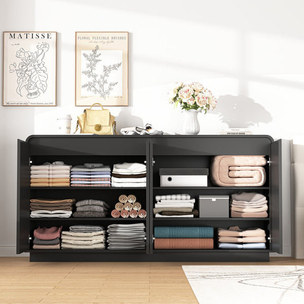English Elm Black Fluted Wave Door Media Console with Built-in Power Outlet and Adjustable Shelving Black W409P452057