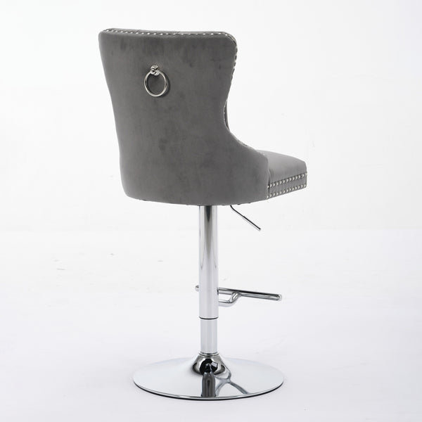 English Elm Thick Velvet Swivel Barstools Adjustable 25-33" Height with 17.7" Chrome Base, Tufted Diamond Pleat Elegance Gray W1143P335043