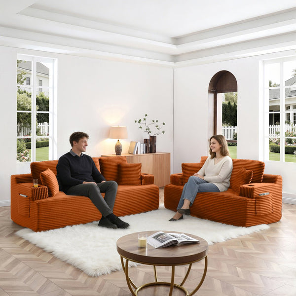 English Elm Boneless Floor Sofa Corduroy Upholstered 5 Seat with Cup Holders and Side Pockets W1117S00432