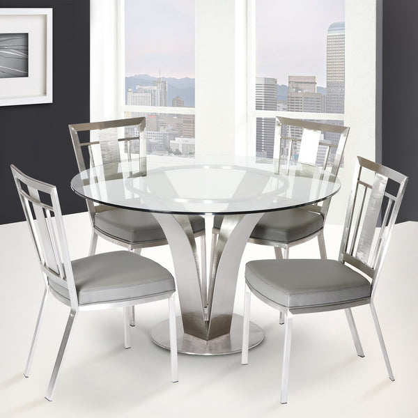 English Elm Cleo Square Tempered Glass Dining Table with Sculptural Brushed Steel Base Seats Four B2736S00034