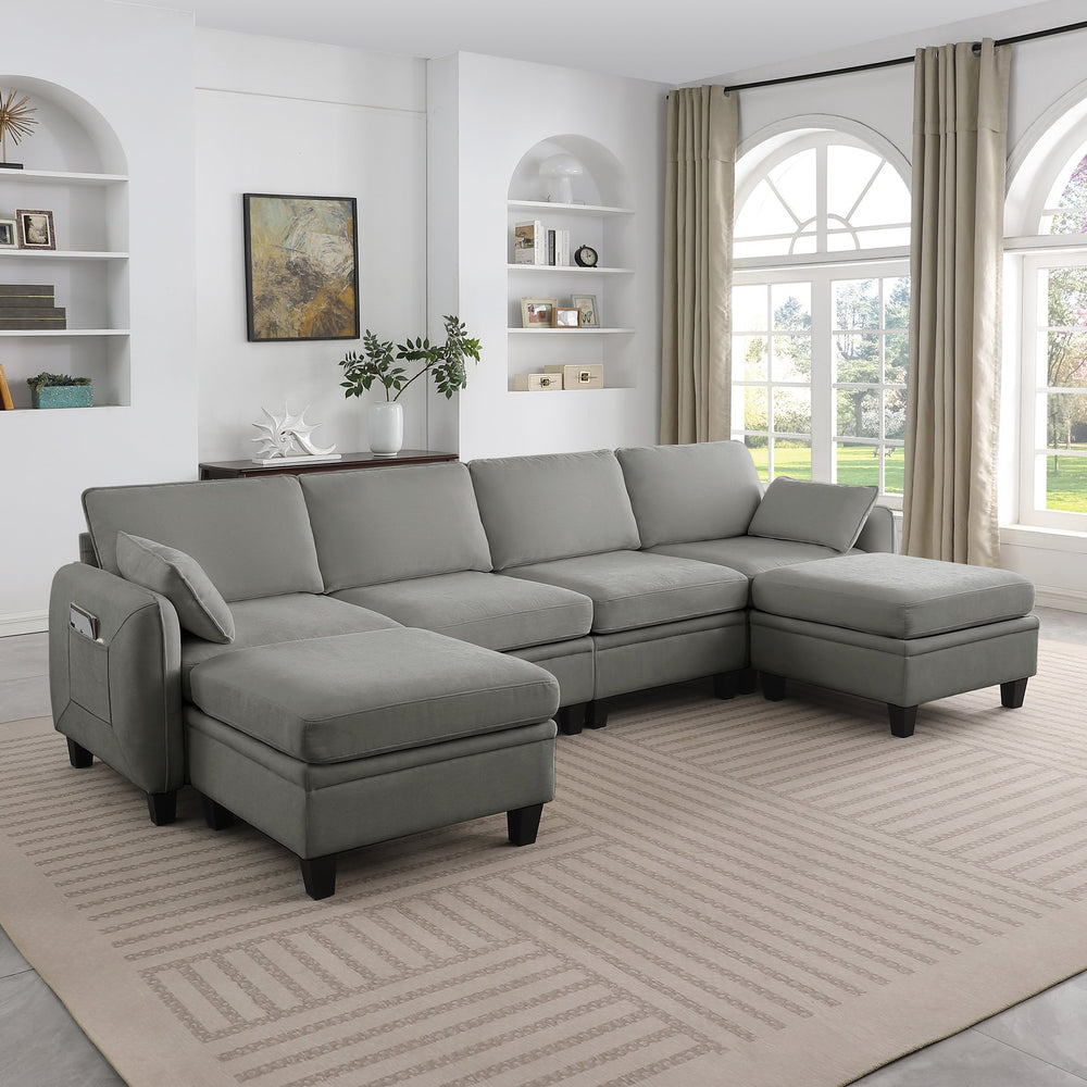 English Elm 102 Inch Linen Modular Sectional Sofa with Hidden Storage and Cloud Cushion Comfort Dark Grey W1099S00216