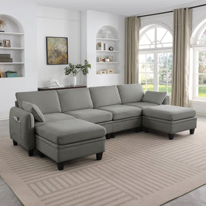 English Elm 102 Inch Linen Modular Sectional Sofa with Hidden Storage and Cloud Cushion Comfort Dark Grey W1099S00216