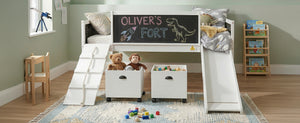 English Elm Twin Kids Loft Bed Solid Pine Frame with Slide Chalkboard and Climbing Rope Play Zone White N708P340493K