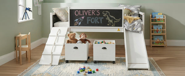 English Elm Twin Kids Loft Bed Solid Pine Frame with Slide Chalkboard and Climbing Rope Play Zone White N708P340493K