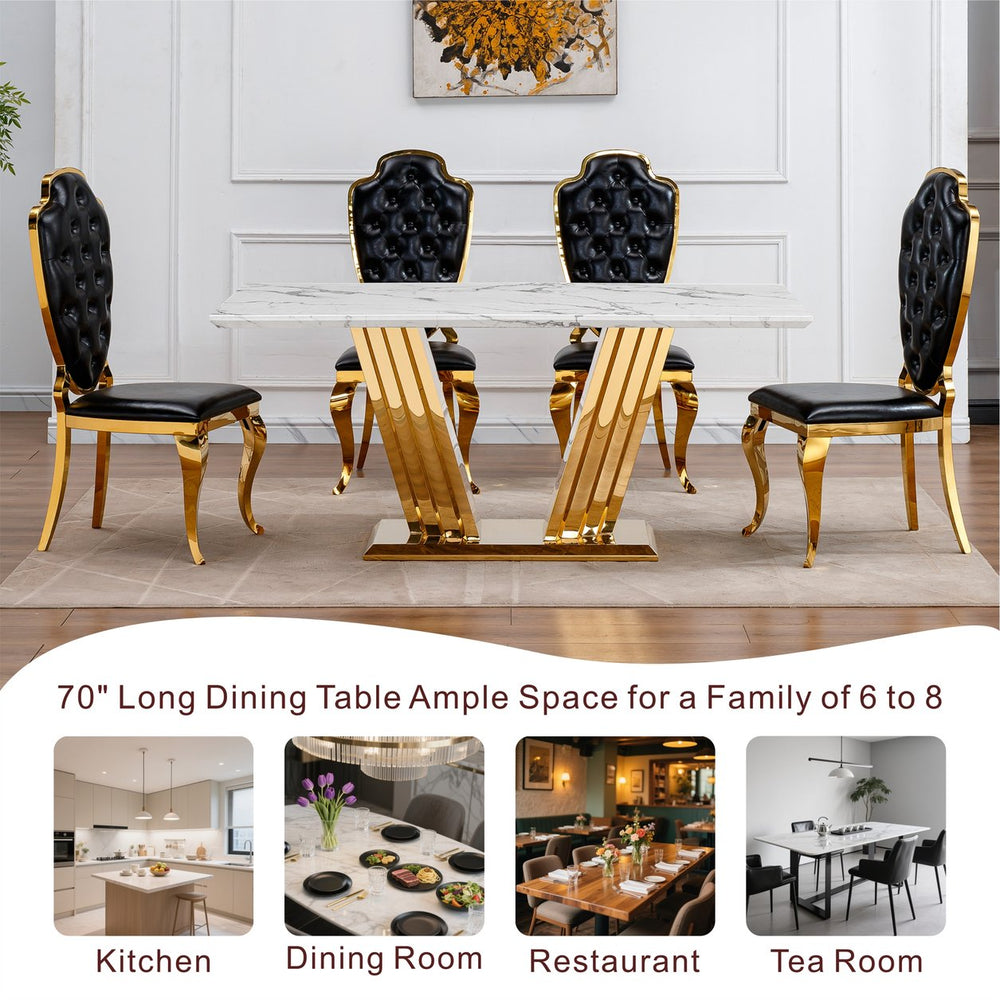 English Elm Marble Dining Table For 6-8 People - Elegant Faux Marble Top With Gold Mirrored Base For Modern Spaces W3456S00048