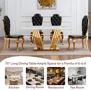 English Elm Marble Dining Table For 6-8 People - Elegant Faux Marble Top With Gold Mirrored Base For Modern Spaces W3456S00048