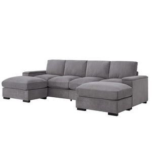 English Elm 122"l Corduroy Sectional with Dual Ottomans Modular U-shape Sofa for Modern Living Gray W1669S00044