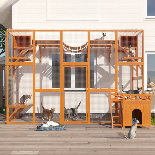 English Elm Weatherproof Pine Wood Catio Outdoor Cat Enclosure with Platforms Ramps and Pvc Roof N843MP003N